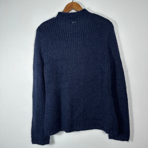 LL Bean Sweater Blue Cream Mohair Wool Cable Knit Roll Neck Twist Size Large - Picture 2 of 13